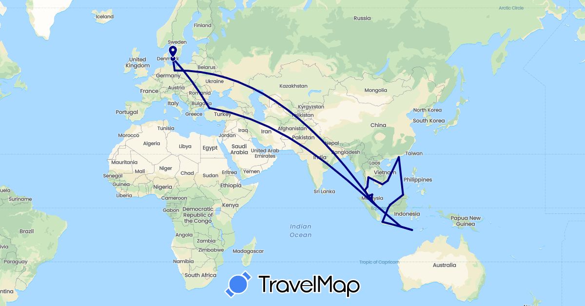 TravelMap itinerary: driving in China, Germany, Denmark, Indonesia, Malaysia, Singapore, Thailand, Turkey, Vietnam (Asia, Europe)